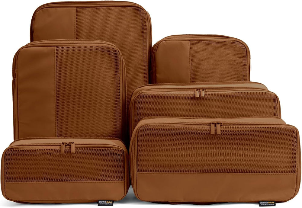 6 Piece Compression Packing Cubes for 7–14 Day Travel, Light Brown