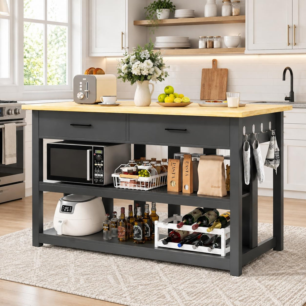 47.3" Kitchen Island with Power Outlets - Solid Rubberwood Top, Black