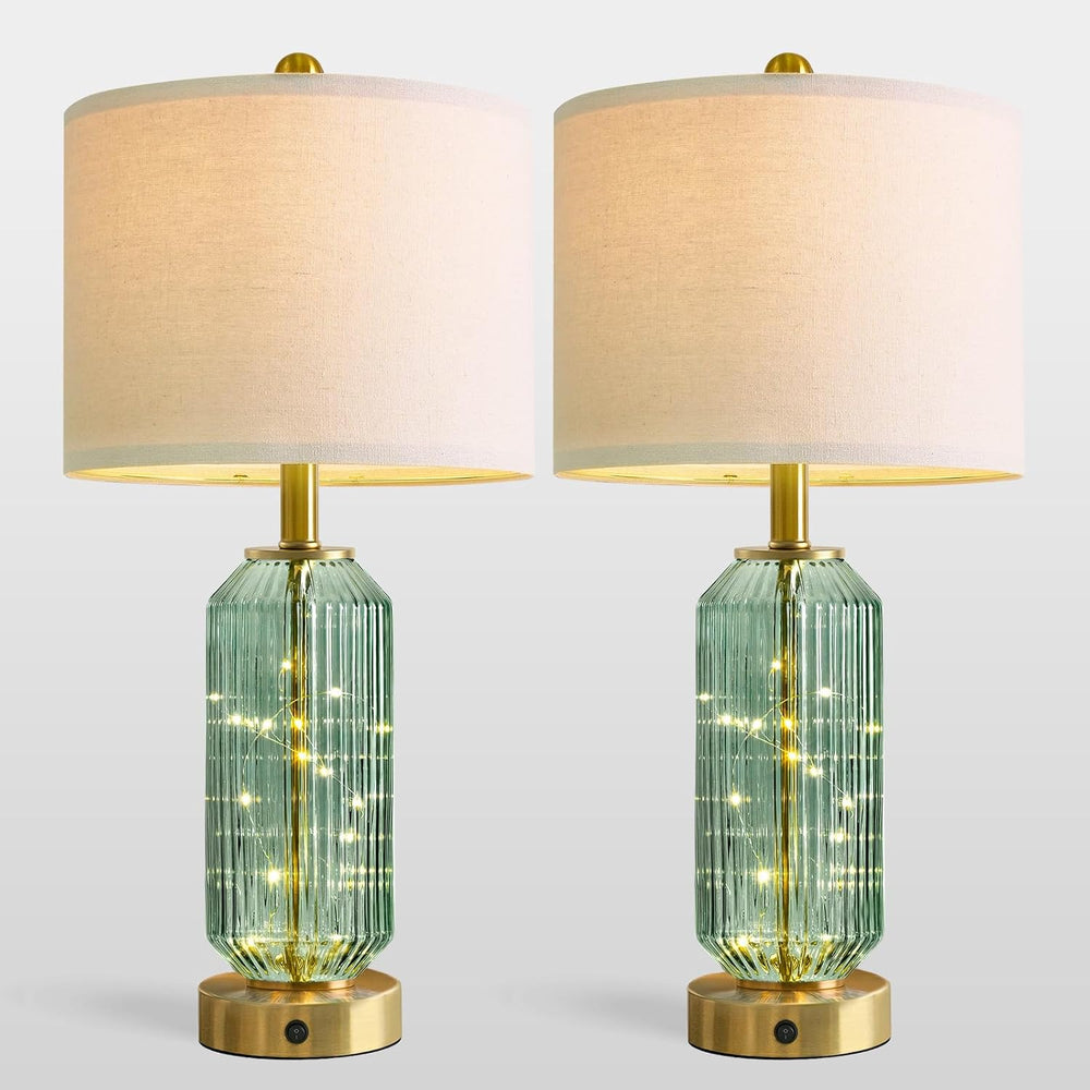 Oneach 24.5" Bedside Table Lamps Set of 2, Green Glass Nightstand Lamps ...