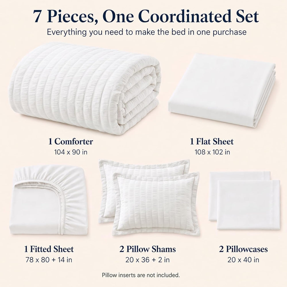 CozyLux King Size Comforter Set, 7 Pieces White Seersucker Bed in a Bag