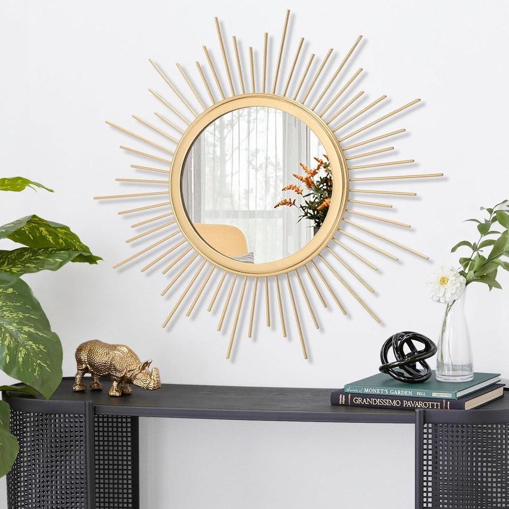 Large Gold Spoked Sunburst Wall Mirror Boho Home Decor Round Wall Art Mirror ...