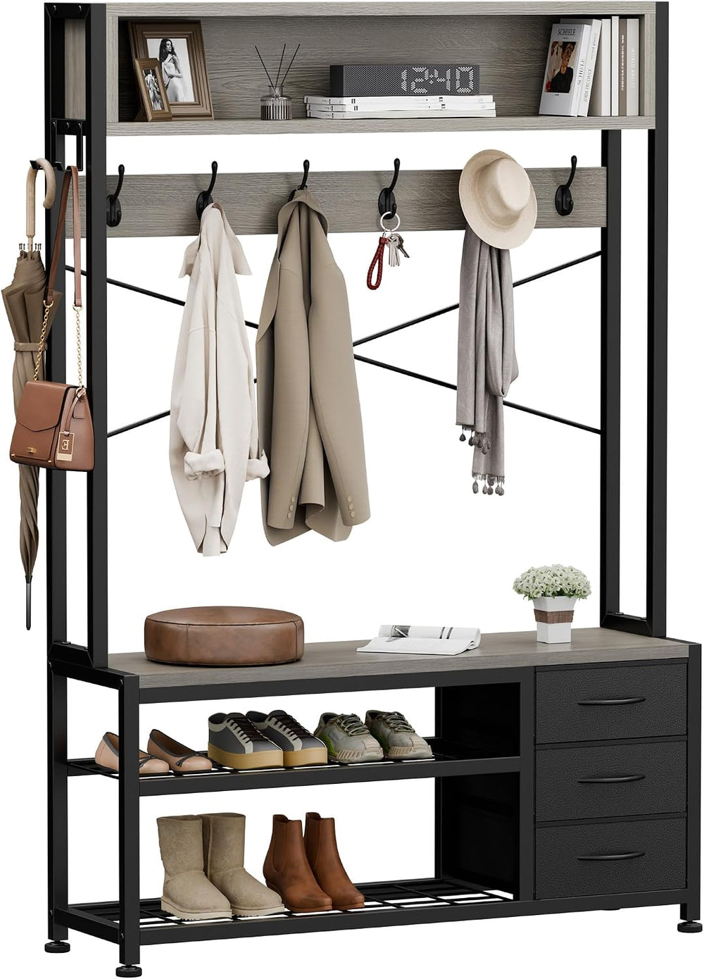 Hall Tree with Bench and Hooks, 39.4" Shoe and Coat Rack Entryway Organizer