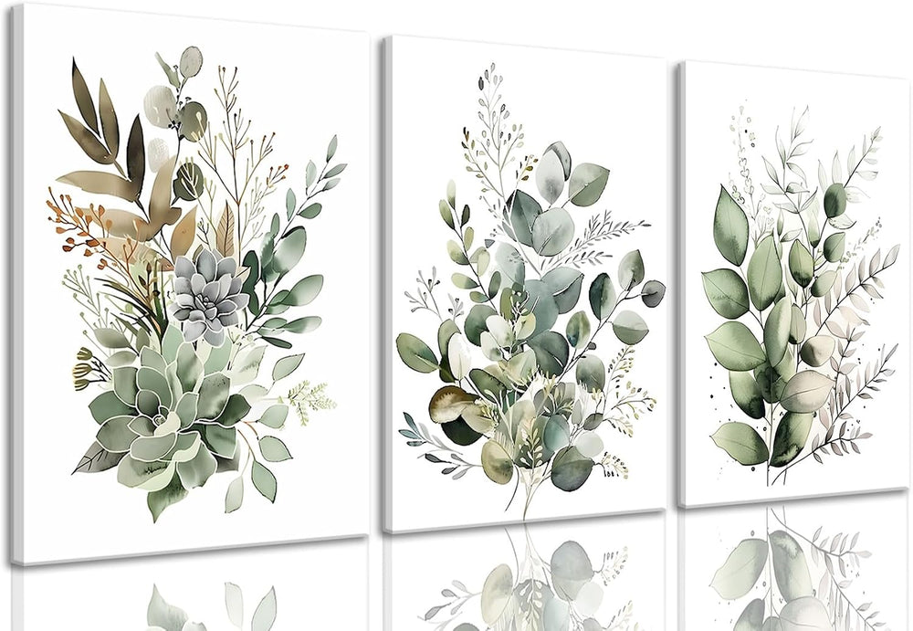 Bwodke Sage Green Botanical Canvas Wall Art Set of 3, 12x16 inch