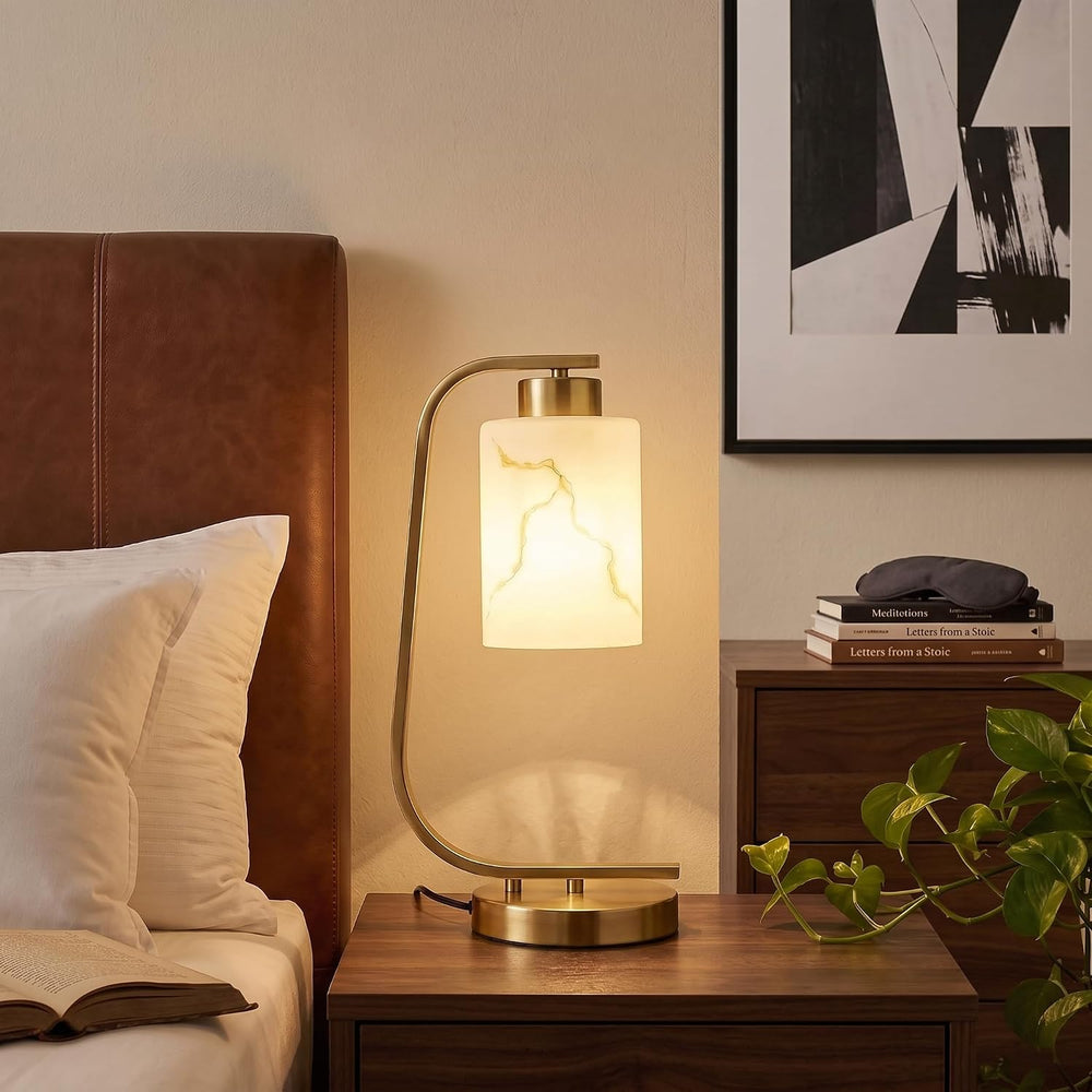 Modern Industrial Table Lamp, Marble Pattern Glass Shade Desk Lamp with C-Sha...