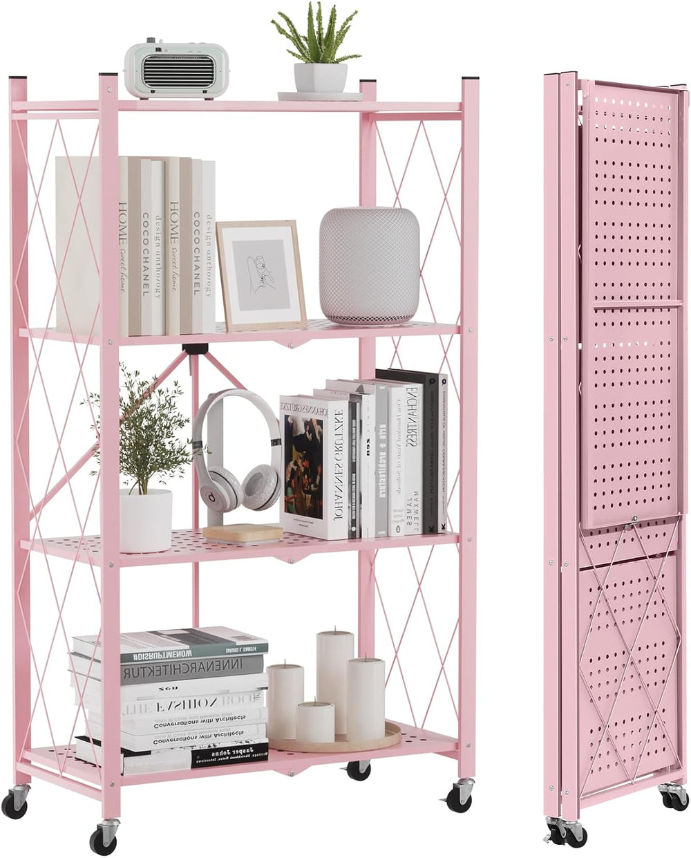 ALANNG 4 Tier Folding Shelf with Wheels, No Assembly Metal Storage Rack