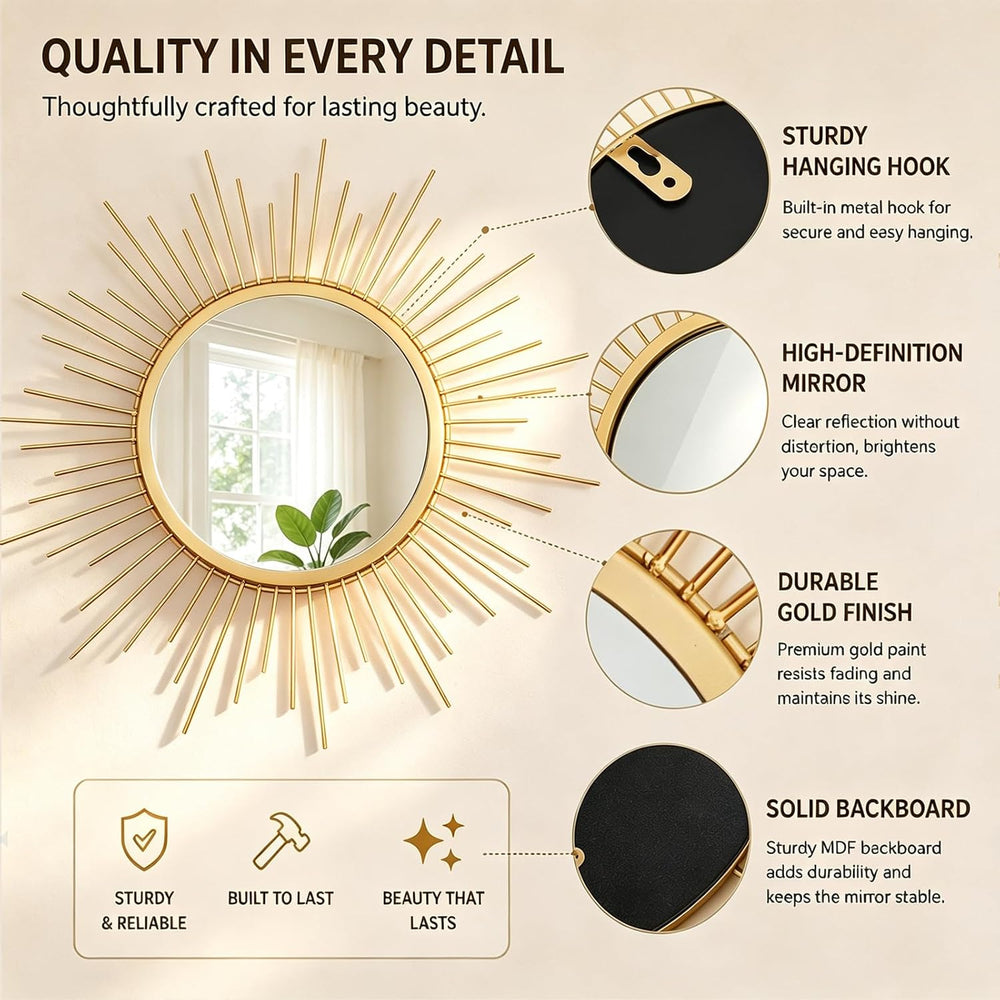 4 Pieces Gold Sunburst Wall Mirror Set Modern Metal Circles for Home Decor