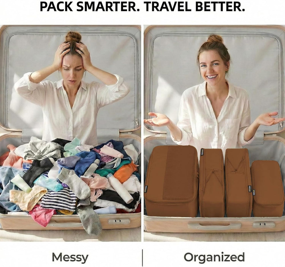 4 Large Compression Packing Cubes for 7–14 Day Travel, Light Brown