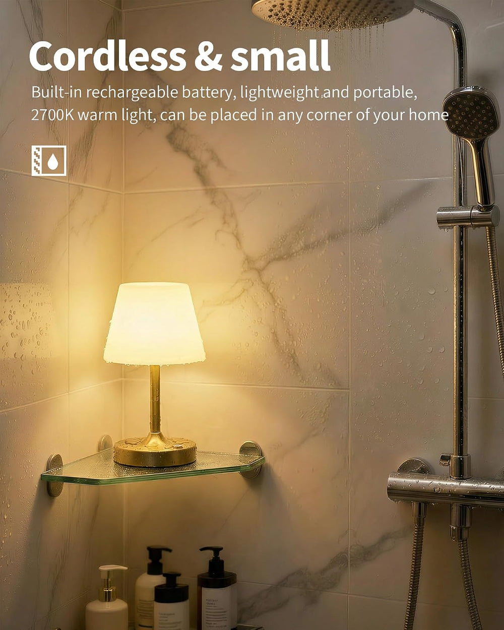 PUSU Cordless LED Gold Small Table Lamp, Waterproof Shower Desk lamp