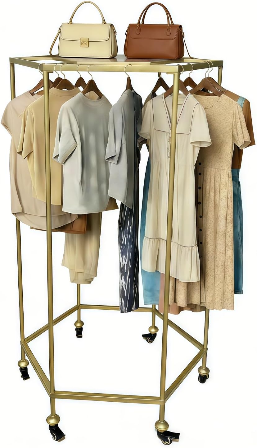 31.5-Inch Rolling Round Clothes Rack With Wheels,Gold