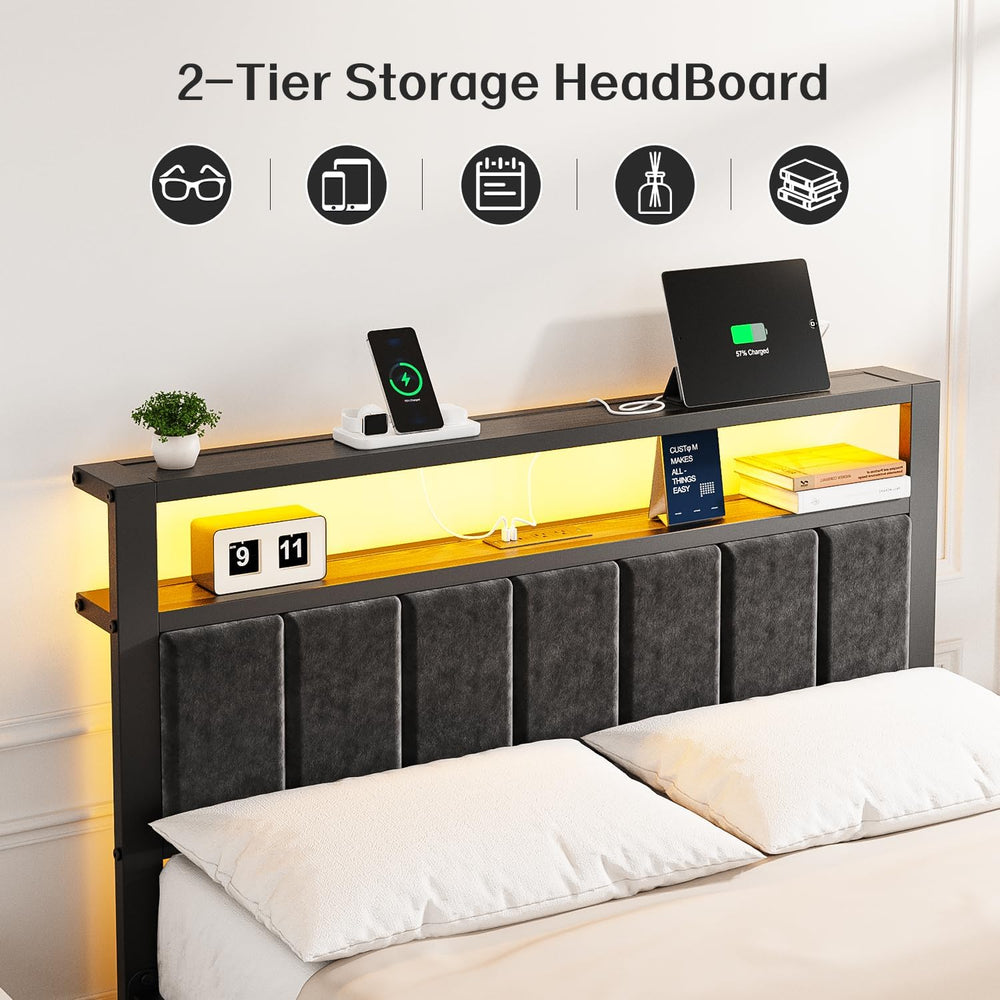 OLEVS Full Bed Frame with LED Lights & Charging Station Modern Platform Bed