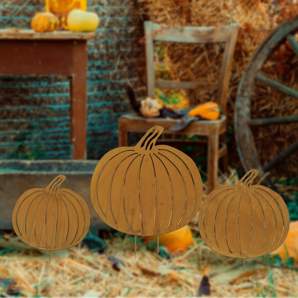 GlikCeil 3 Pcs Fall Decor Outdoor Rustic Pumpkin Stakes, Fall, Rustic