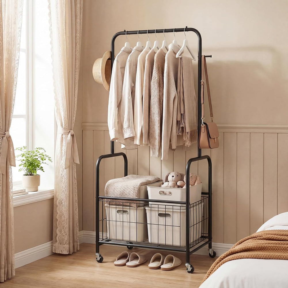 GIANTEX 35" Clothes Rack with Storage Basket,Heavy-Duty Clothing Rack wi...