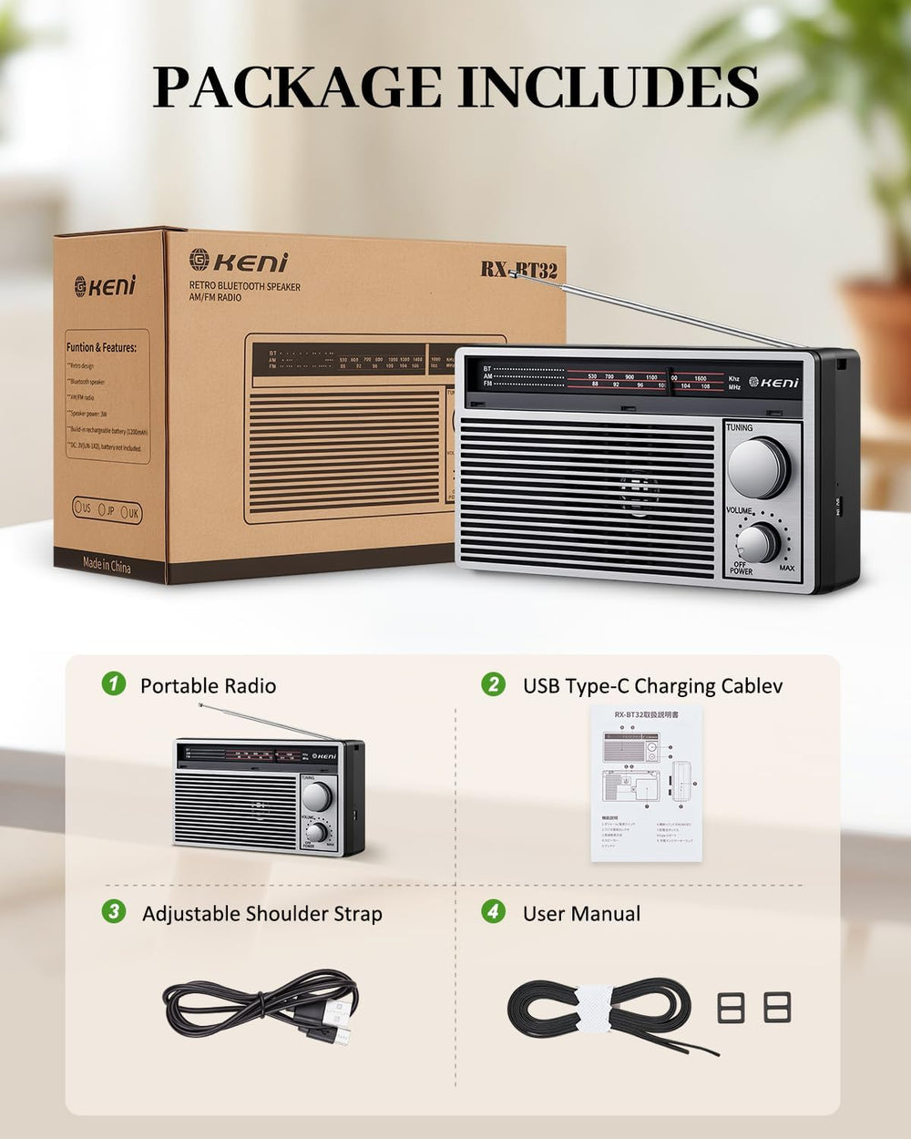 G Keni Portable AM/FM Emergency Radio with Bluetooth, Battery/USB Powered