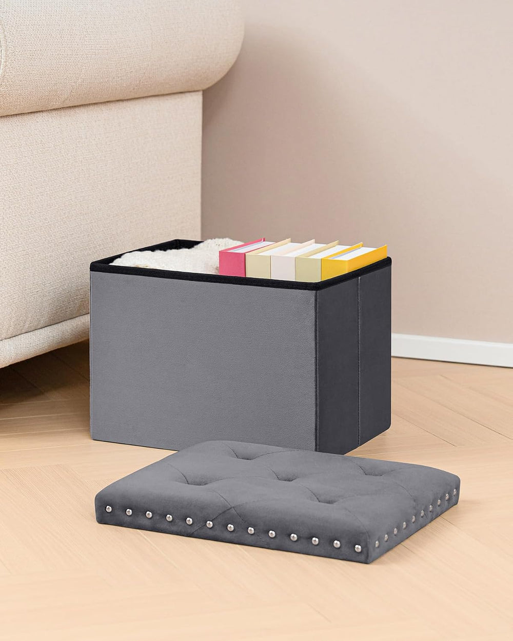 B FSOBEIIALEO Storage Ottoman Cube, 16.5" Velvet Folding Ottoman, Grey