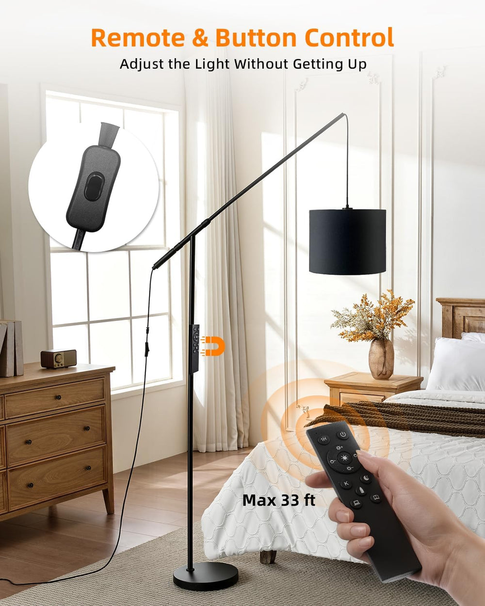 Arc Floor Lamp with Remote Control, LED Reading Light for Living Room