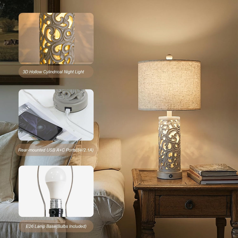 OYEARS Bedside Table Lamps Set of 2 with Night Light, 22'' Distressed...