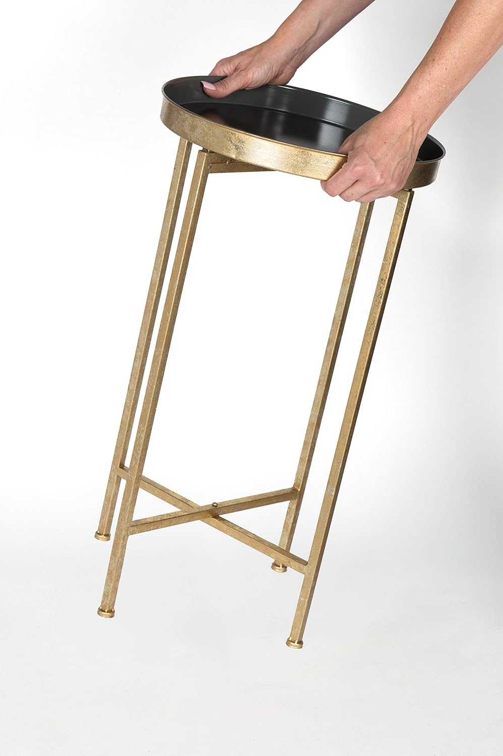 Kate and Laurel Celia Round Metal Foldable Tray Accent Table, Gray with Gold ...