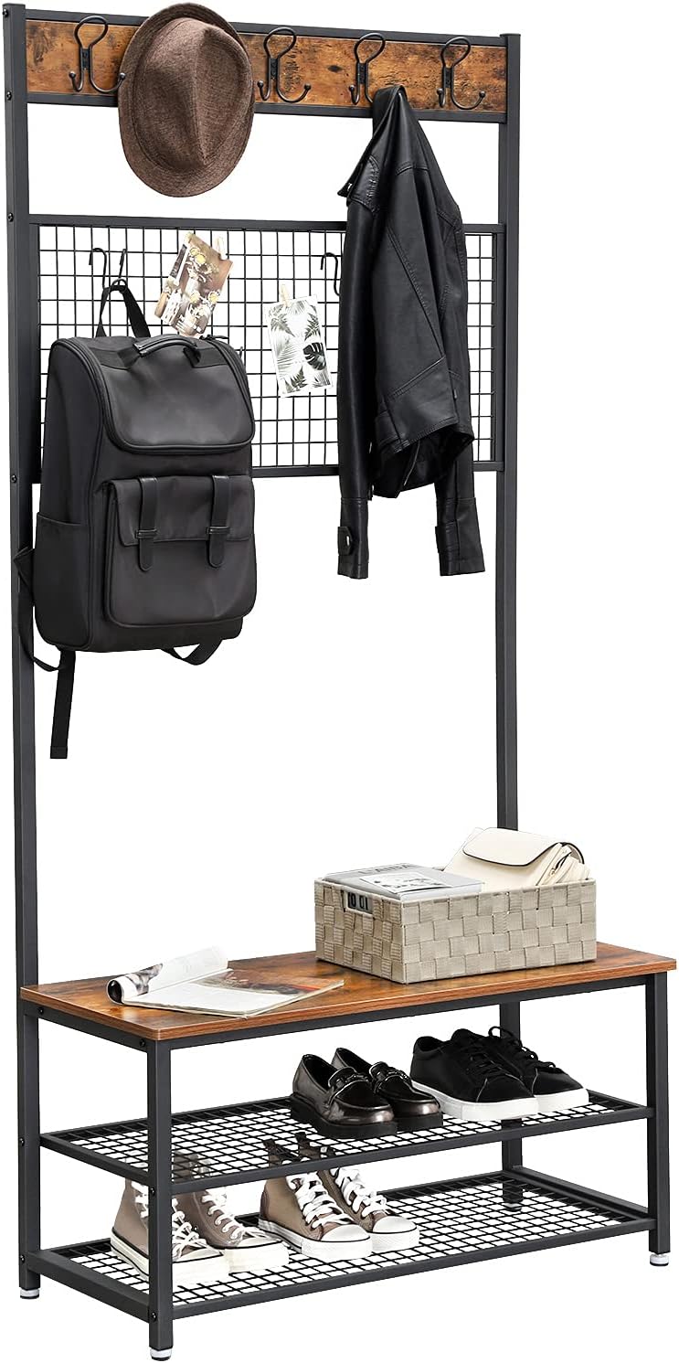 VASAGLE Coat Rack and Storage Bench, Hall Tree with 9 Hooks, Iron Frame