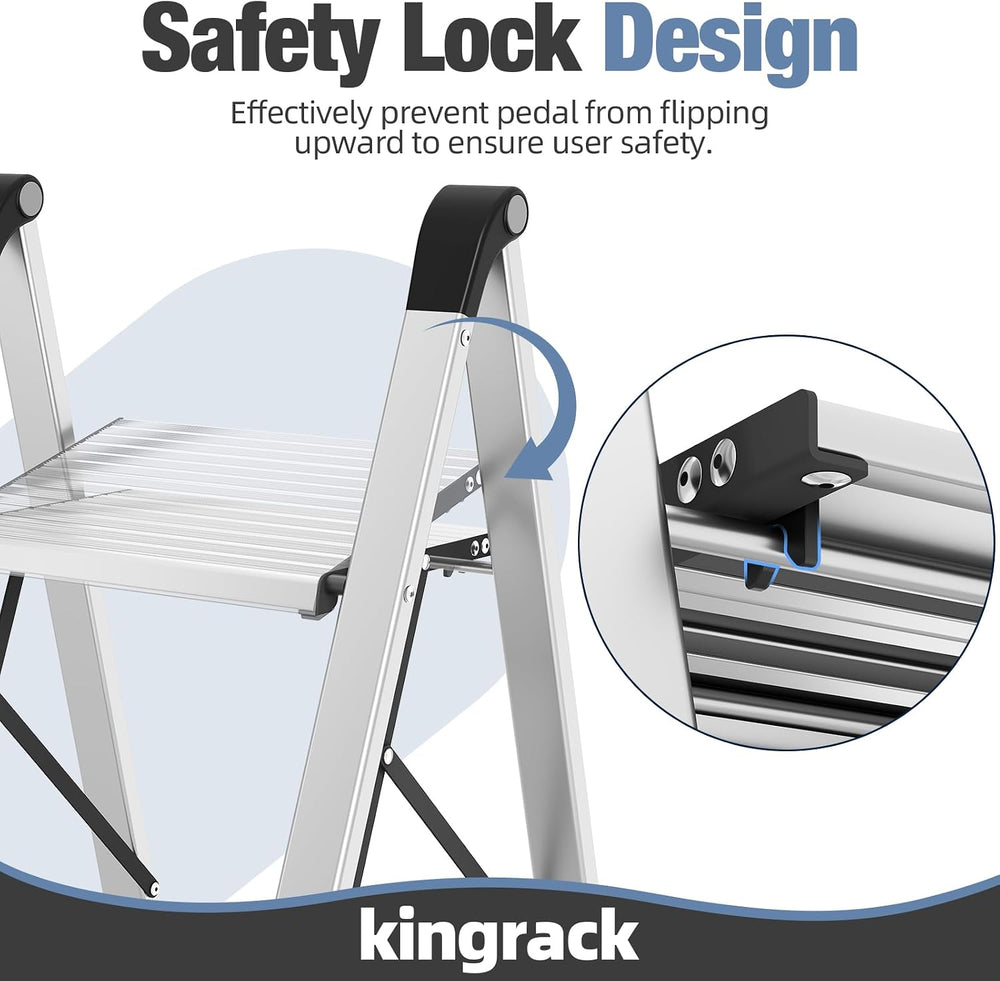 KINGRACK 2 Step Aluminum Step Ladders Foldable for Home, 330lb, Silver