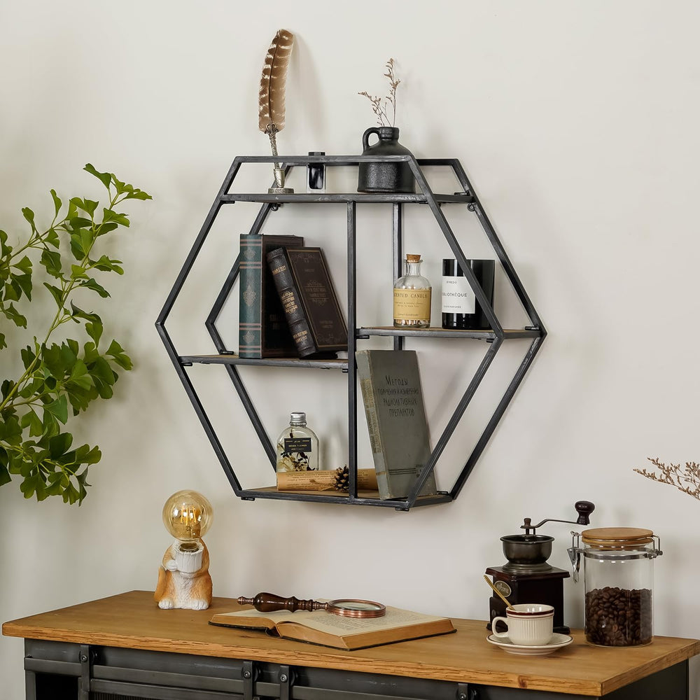 4 Tier Industrial Style Foldable Hexagon-Shaped Wall Shelves