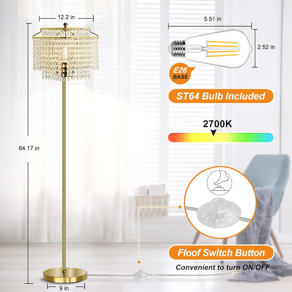 Luvkczc Gold Crystal Floor Lamp, 64" Tall Elegant Standing Lamp