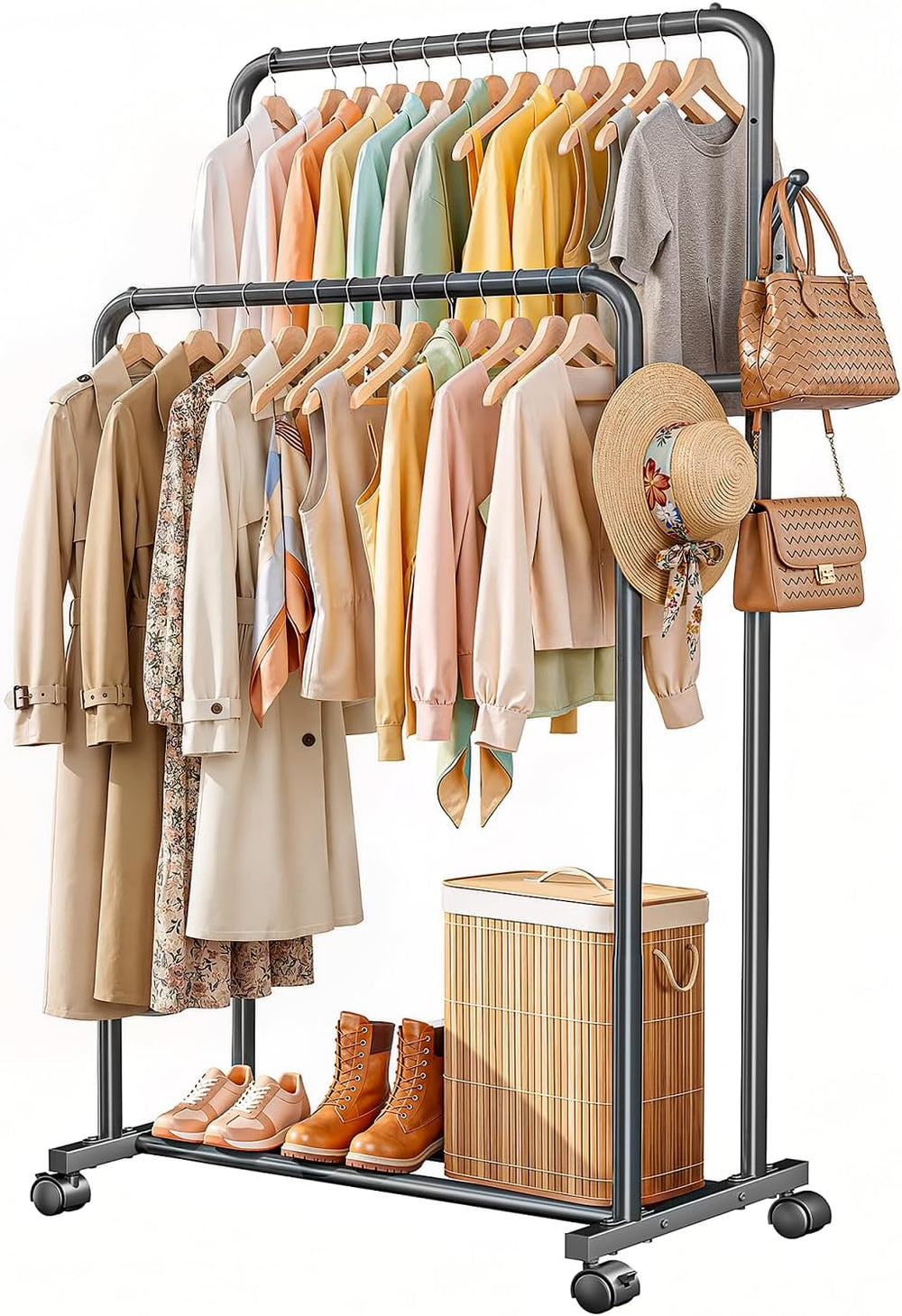 Delamu Clothes Rack Double Rods, Black, 65''Hx32''W
