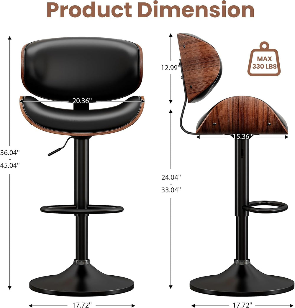 YaFiti Adjustable Swivel Bar Stool, PU Leather with Back, Black