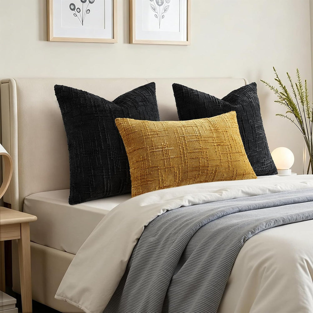 Pallene Black Textured Chenille Throw Pillow Covers 24x24 Set of 2