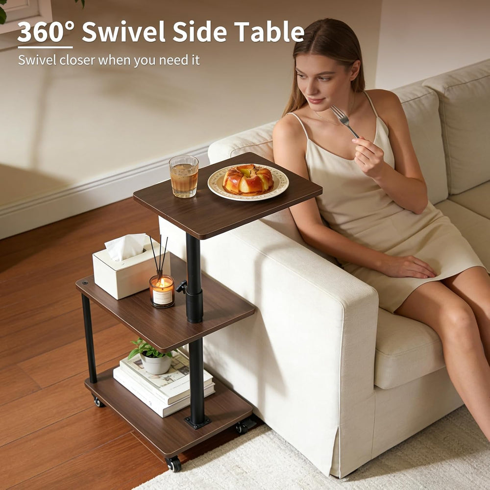 Side Table with Wheels, Adjustable End Table, Walnut-Look