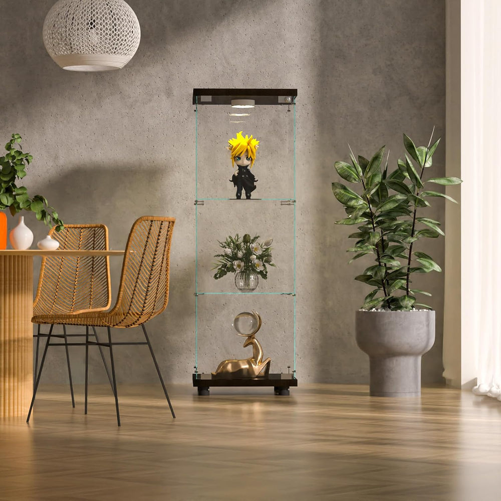 FANYUSHOW Glass Display Cabinet with LED Light & Lock, 1-Door 3-Shelf Black