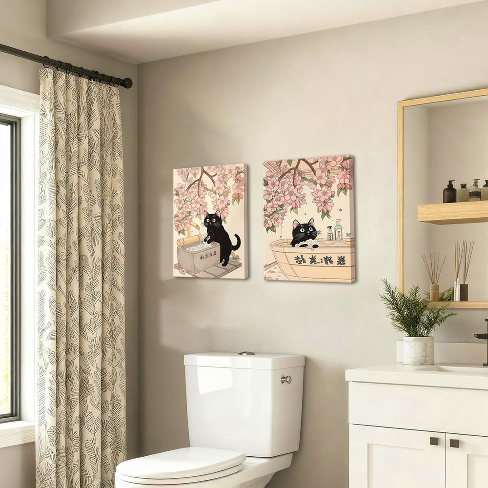 Funny Japanese Bathroom Wall Art Set of 3, Whimsical Black Cat Bathroom Wall ...