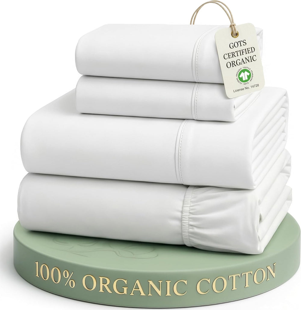 LANE LINEN Full Size Sheets 100% Organic Cotton 4pc Percale Cooling - White