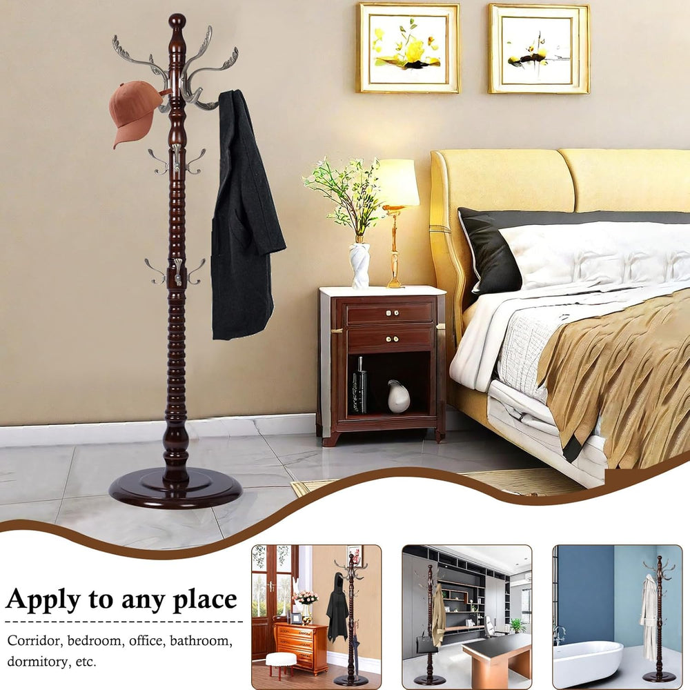 Coat Rack Stand, Solid Wooden Coat Tree with 14 Hooks, Heavy Duty Coat Rack F...