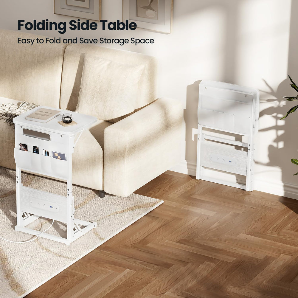 HLDIRECT C Shaped End Table with Charging Station & Storage Bag White