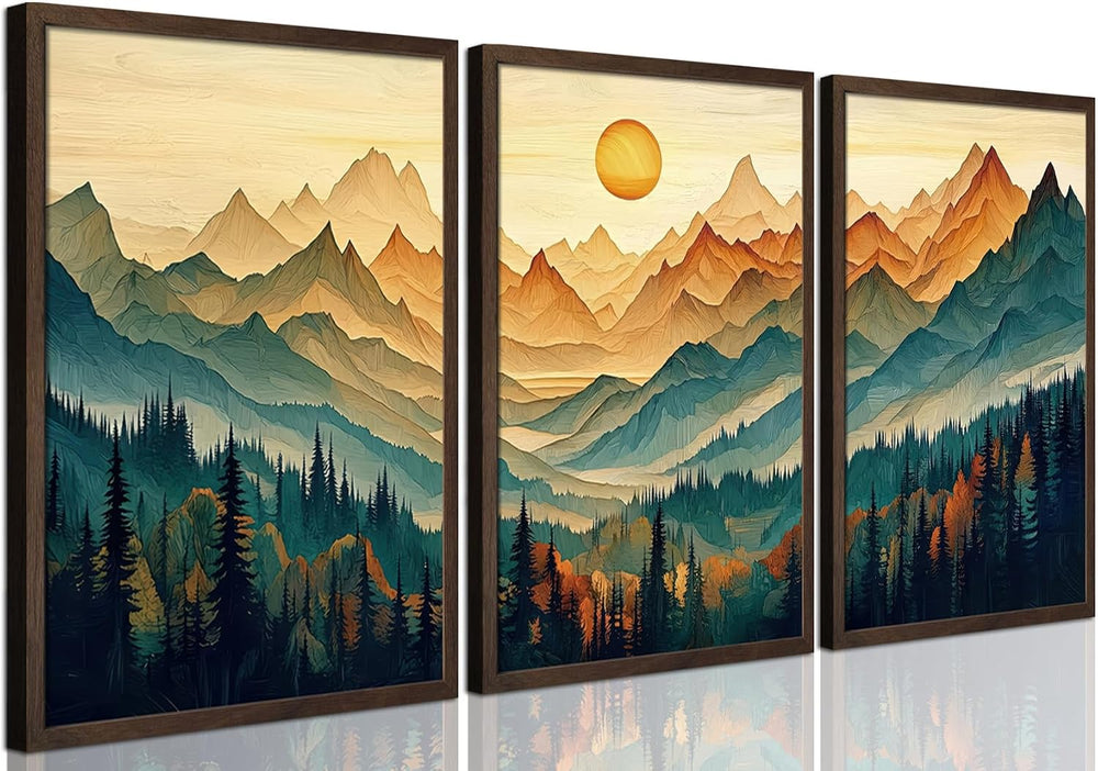 Mountain Wall Art Set of 3, Landscape Wall Decor, Teal Orange Forest Canvas P...