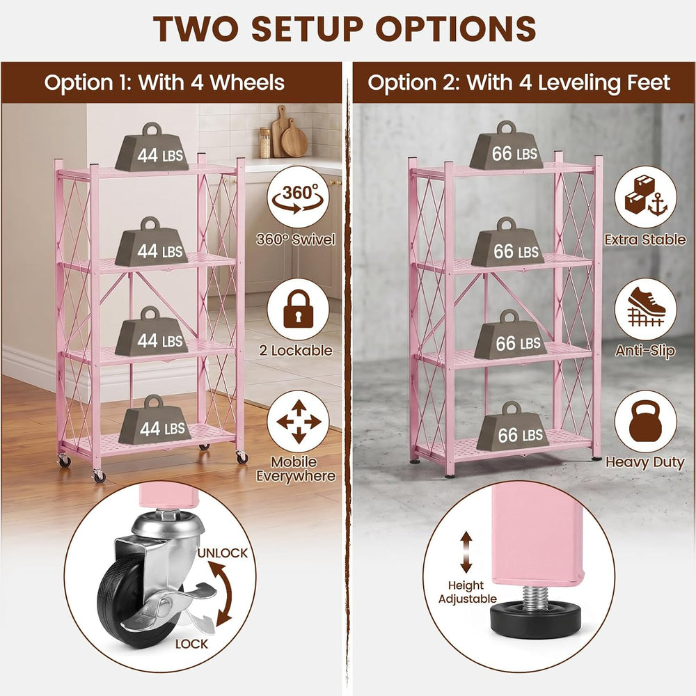 ALANNG 4 Tier Folding Shelf with Wheels, No Assembly Metal Storage Rack