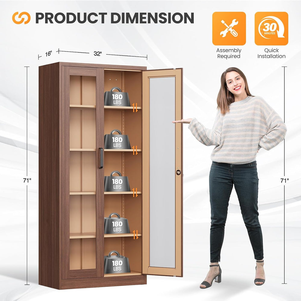 Locking Display Cabinet with Glass Door, 71”H Metal Curio Cabinets with Adjus...