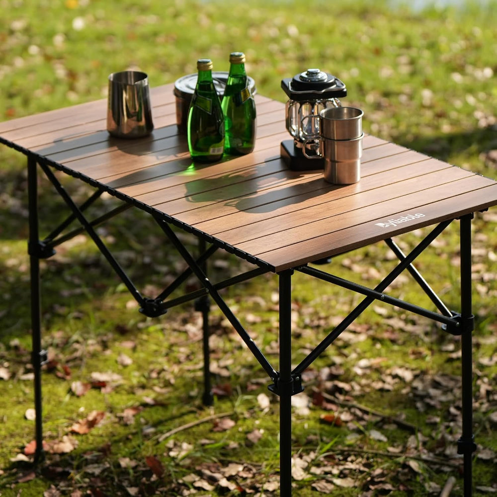 Byliable Camping Table Folding Portable Camp Aluminum Table, Wood Grain
