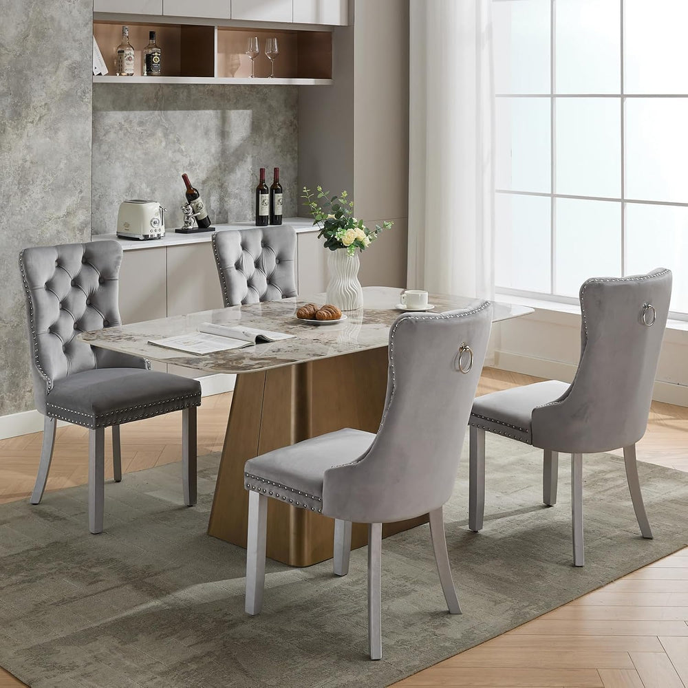 Grey Velvet Dining Chairs Set of 4, Ring Pull, Silver Solid Wood Legs