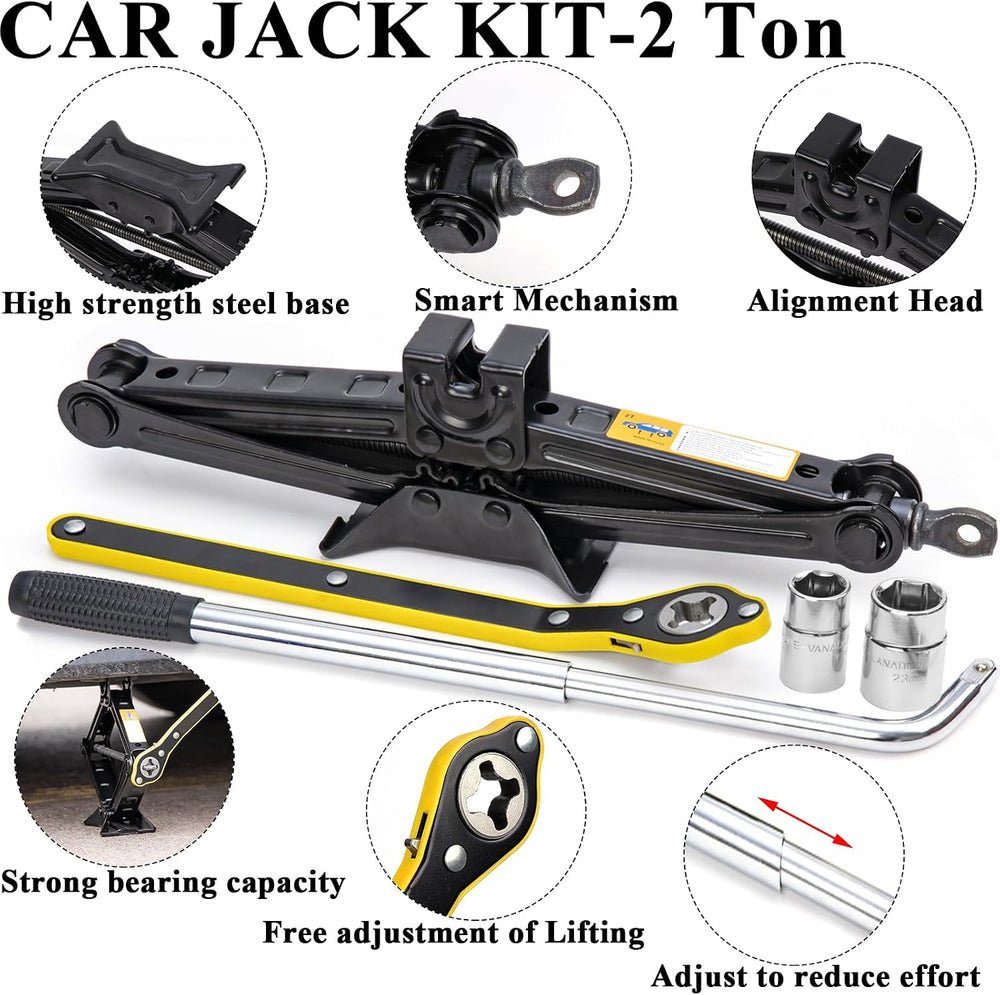 Car Emergency Roadside Kit with Scissor Jack, Air Compressor, Jumper Cables, ...