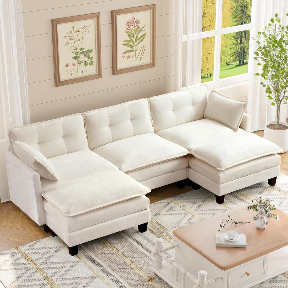 Amsleekey 111.5" U-Shaped Chenille Sectional Sofa, Beige