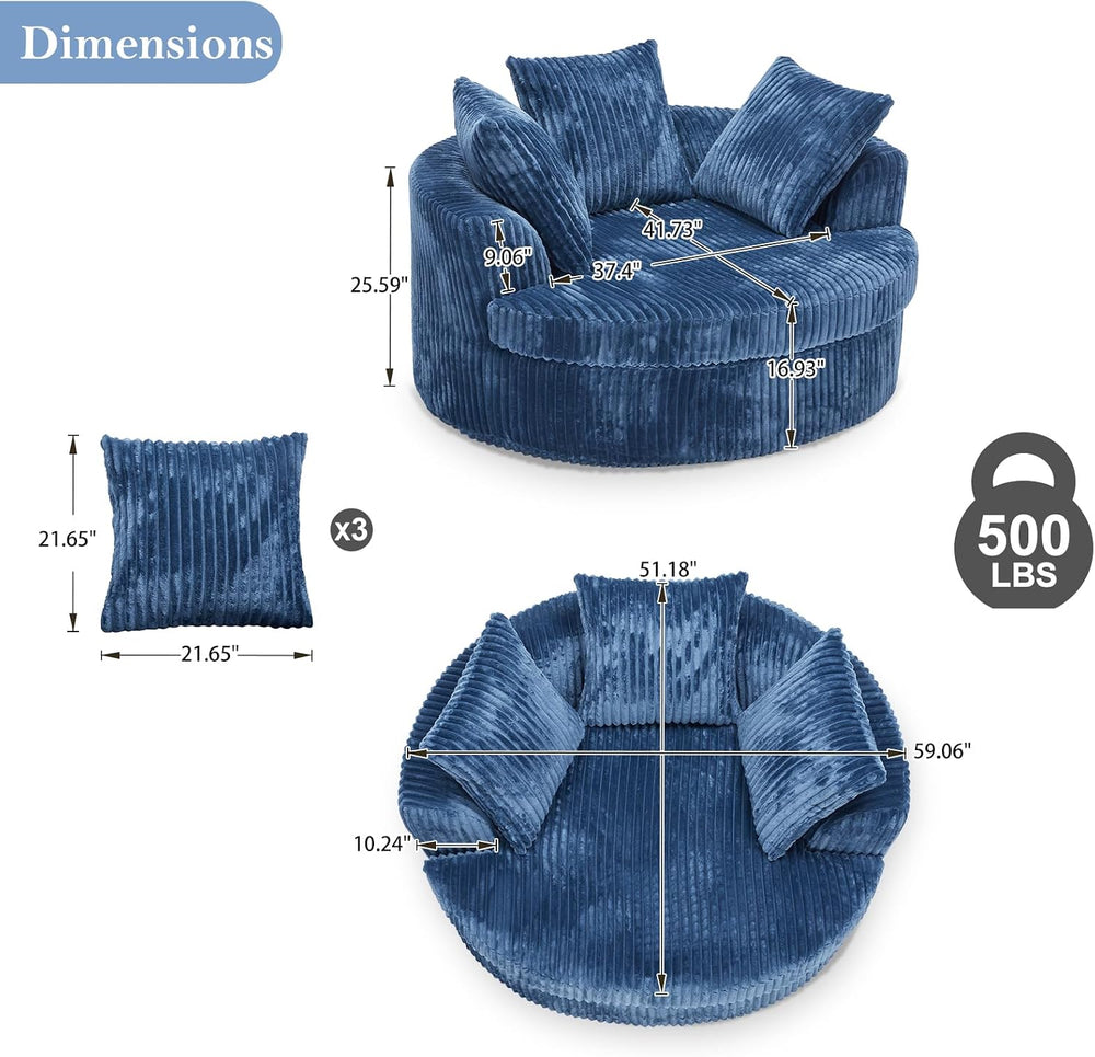 59" Oversized Round Chaise Lounge Chair Indoor with Throw Pillows