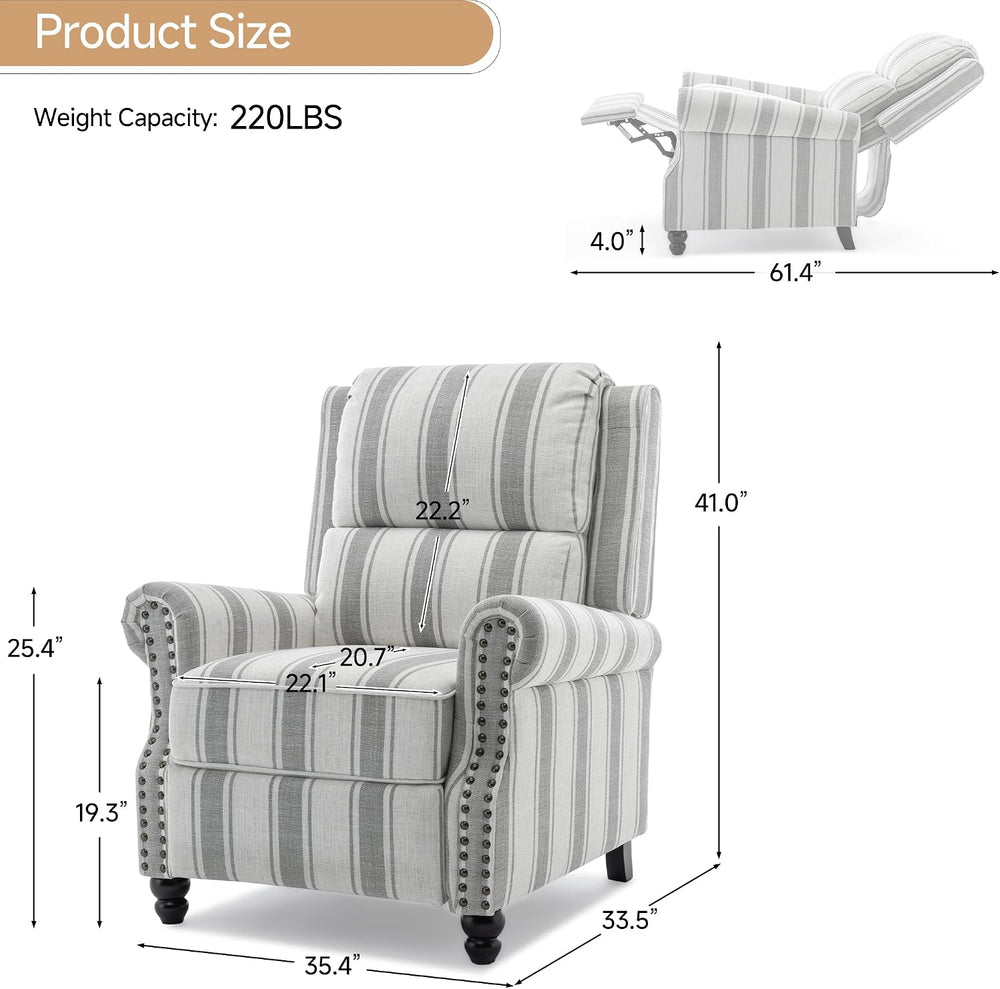 Pushback Recliner Chair, Modern Wingback Recliner, Stripe Gray