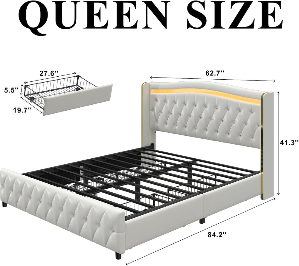 Queen Size Bed Frame, Headboard, 4 Storage Drawers, LED Lights, White