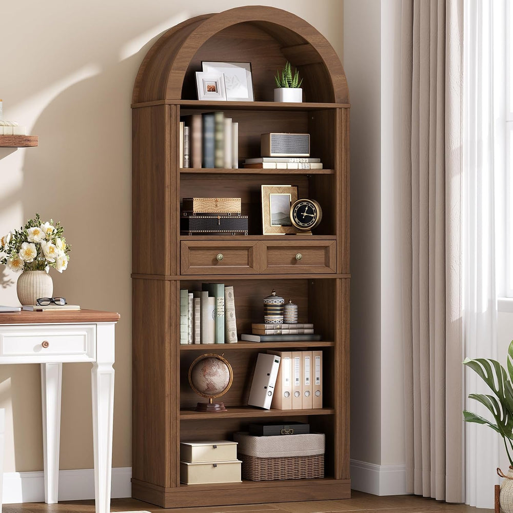 RALGEND Arched Bookshelf, 73" Tall Arch Bookcase with Drawer