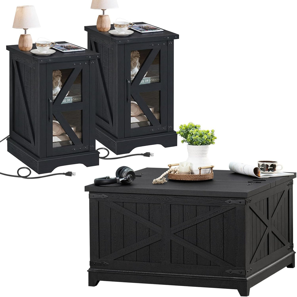 Joaxswe Coffee Table Sets 3, Farmhouse Side Table with Charging Station and G...