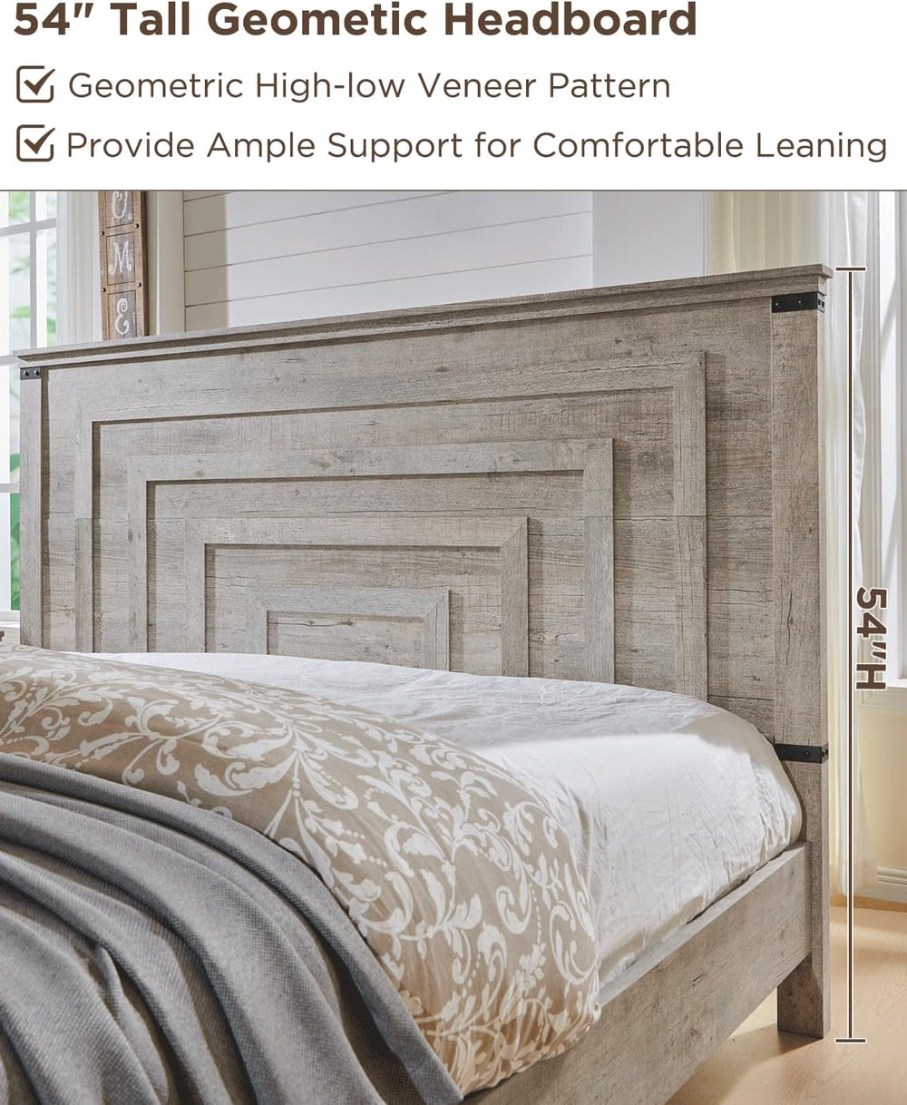 T4TREAM 54" Tall Farmhouse Queen Size Bed Frame, Light Rustic Oak