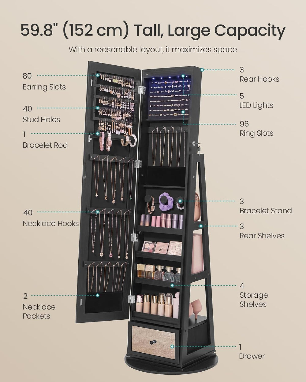 SONGMICS LED Jewelry Organizer, Full Length Mirror with Storage, Rotating
