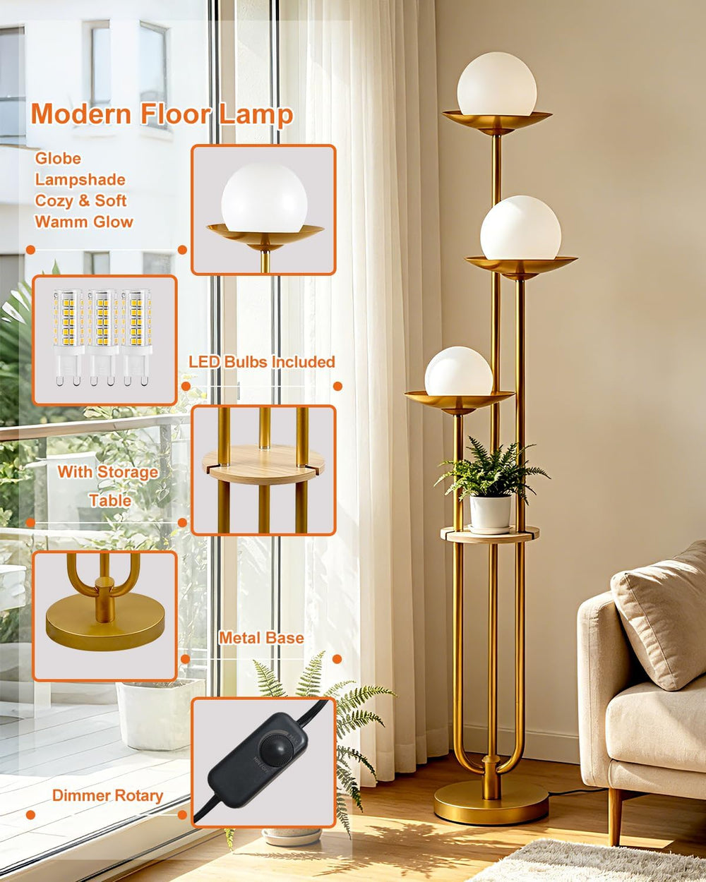 63IN Globe Floor Lamp with Shelf 3-Lights Modern Dimmable Floor Lamps with 30...