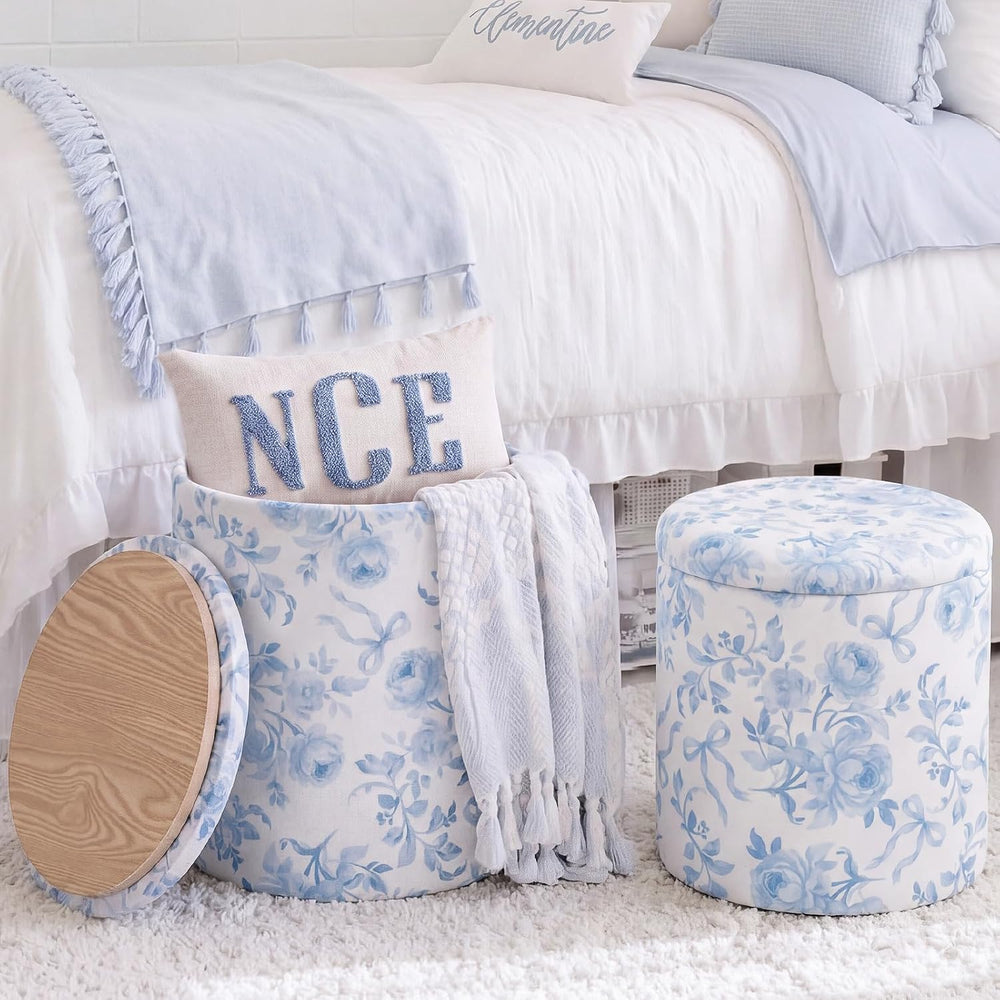 Geetery 2 Pcs Dorm Ottoman with Storage Blue Bow Floral Round Ottoman